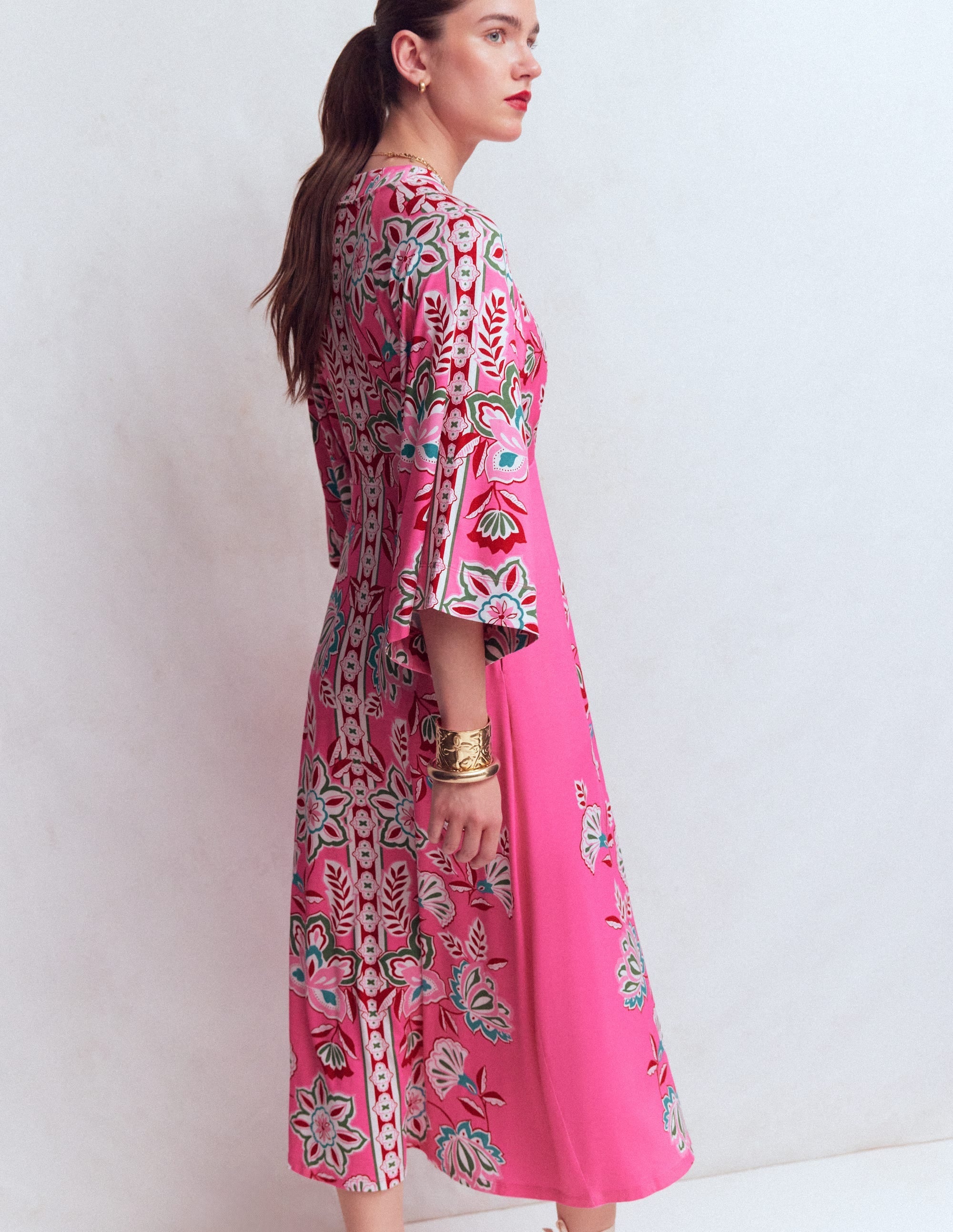 Nell Kimono Midi Jersey Dress-Pink, Blossom Elegance
