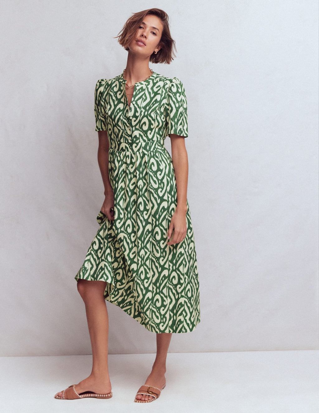 Ivy Placket Linen Midi Dress-Hunter Green Ikat