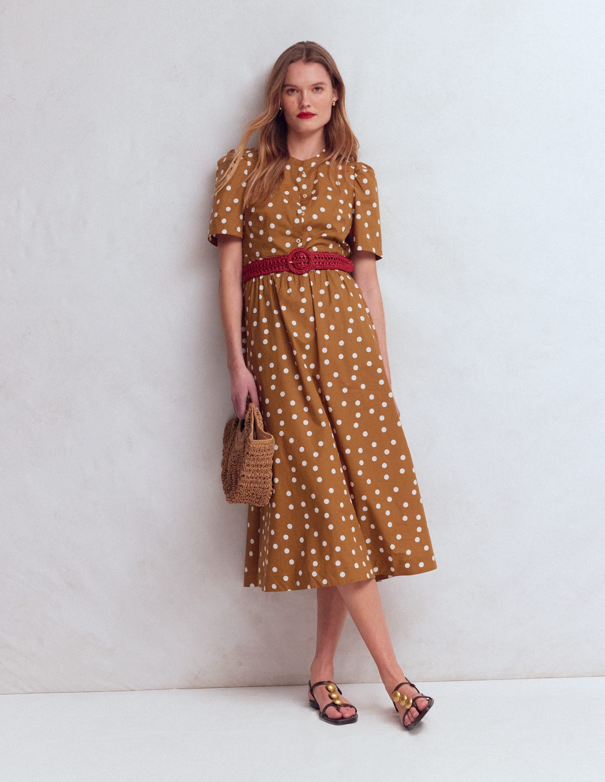 Ivy Placket Cotton Midi Dress-Brown Painted Dot Spaced