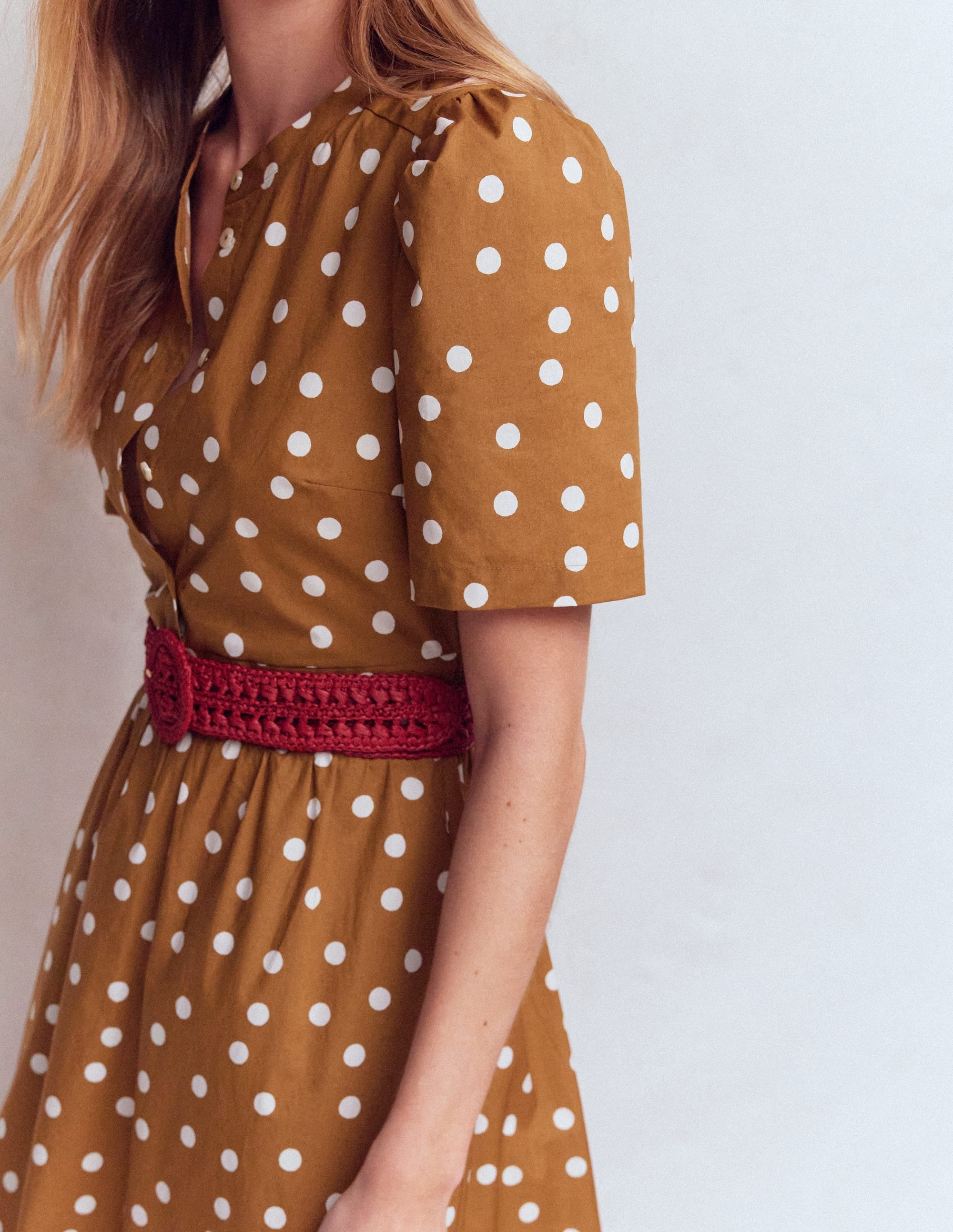 Ivy Placket Cotton Midi Dress-Brown Painted Dot Spaced