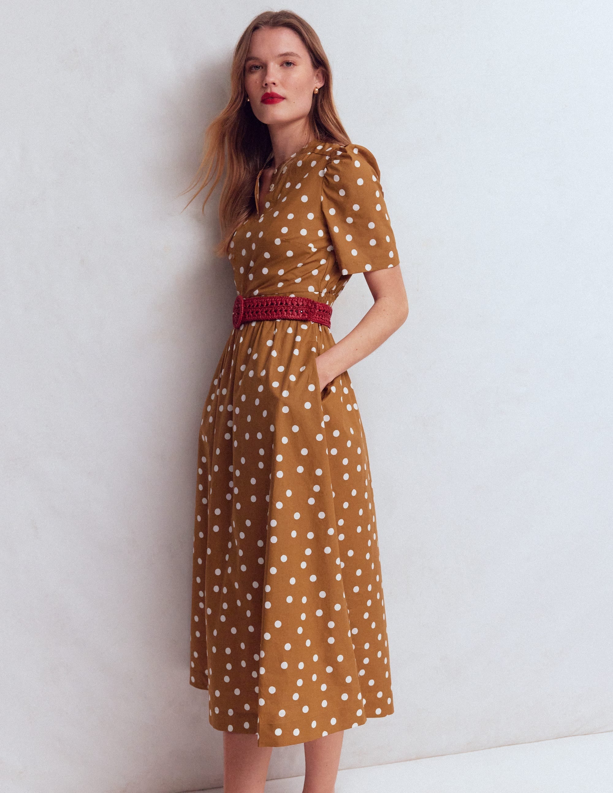 Ivy Placket Cotton Midi Dress-Brown Painted Dot Spaced