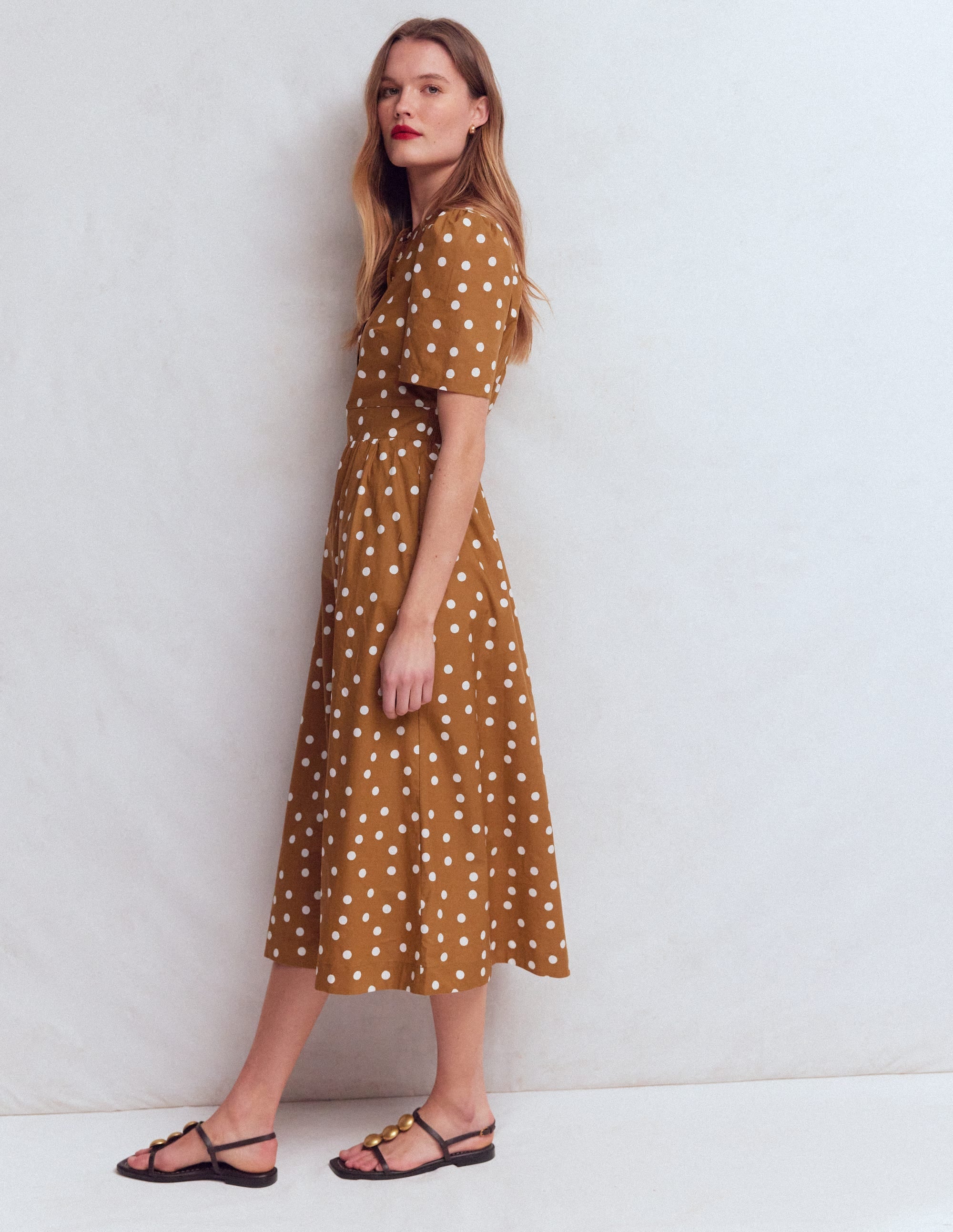 Ivy Placket Cotton Midi Dress-Brown Painted Dot Spaced