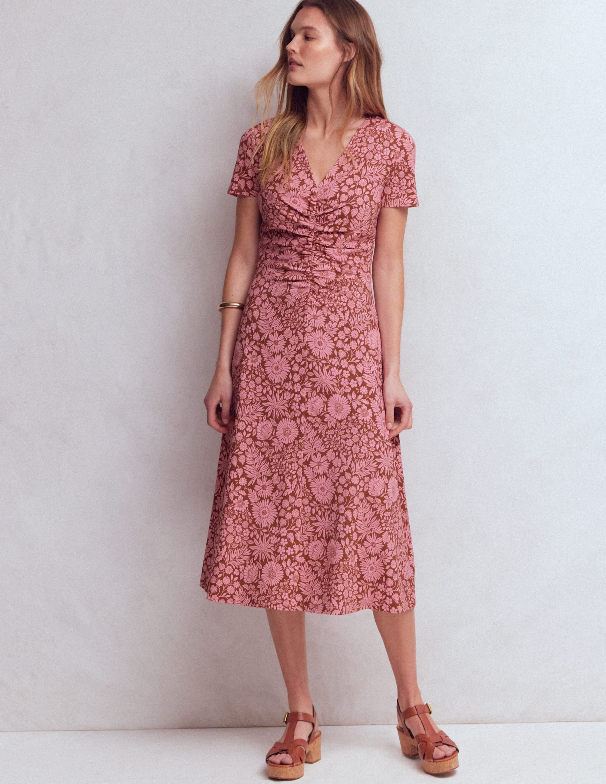 Una Ruched Front Ponte Dress-Russet, Flowerbed Bloom