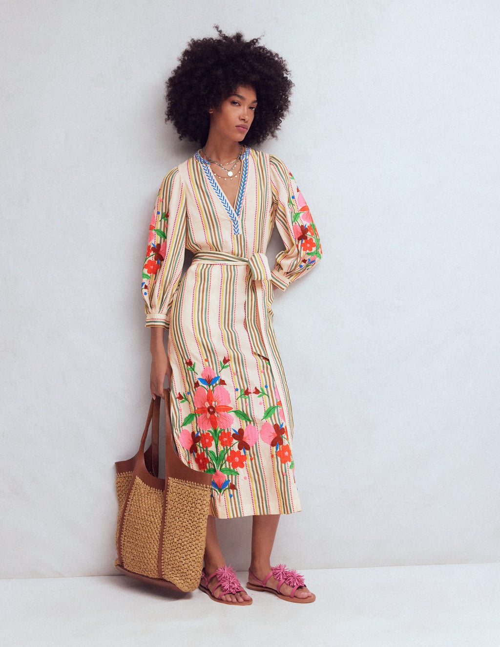 Octavia Cotton Dress-Multi Embroidery Stripe