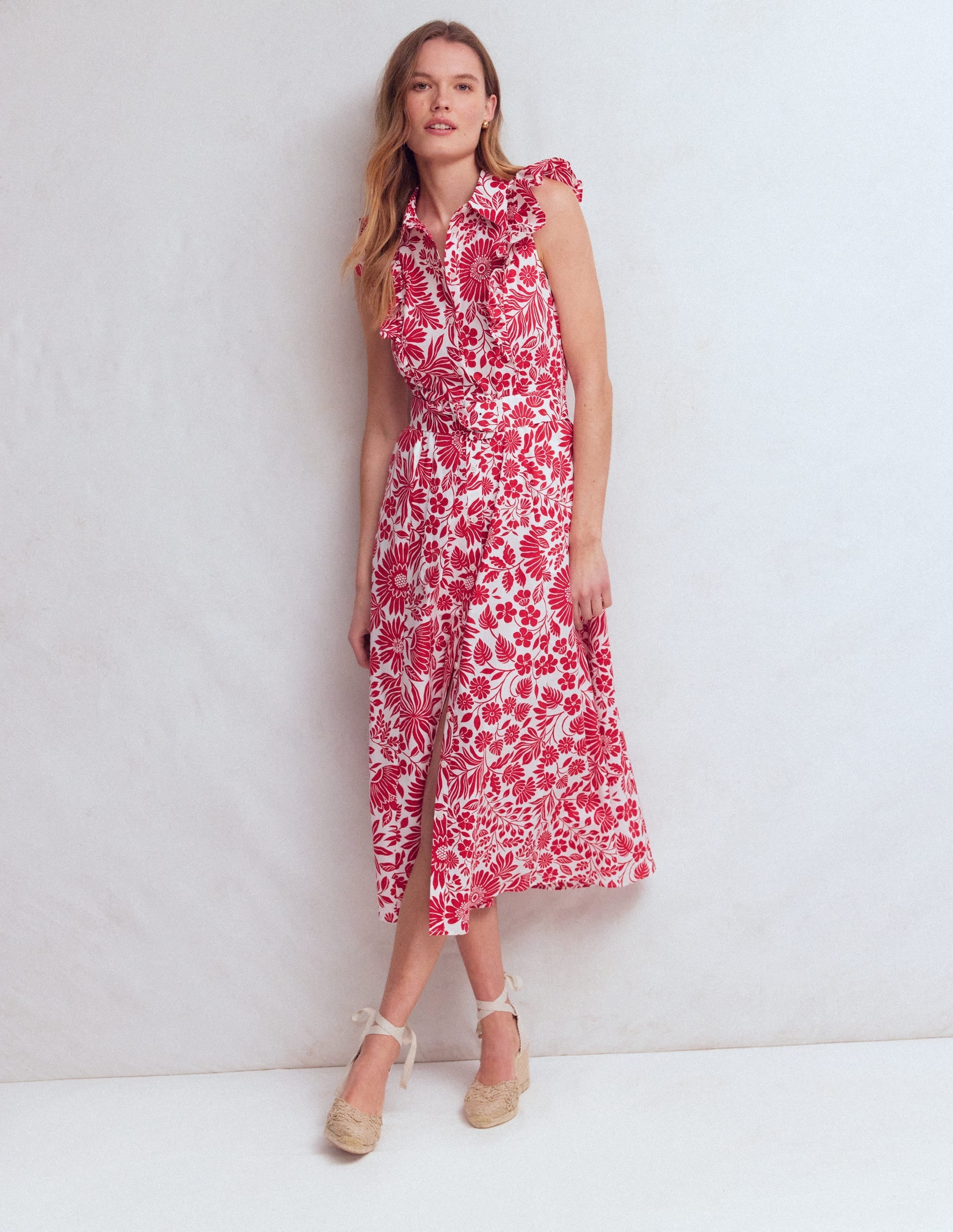 Ruffle Bodice Shirt Dress-Merida Red, Flowerbed Bloom