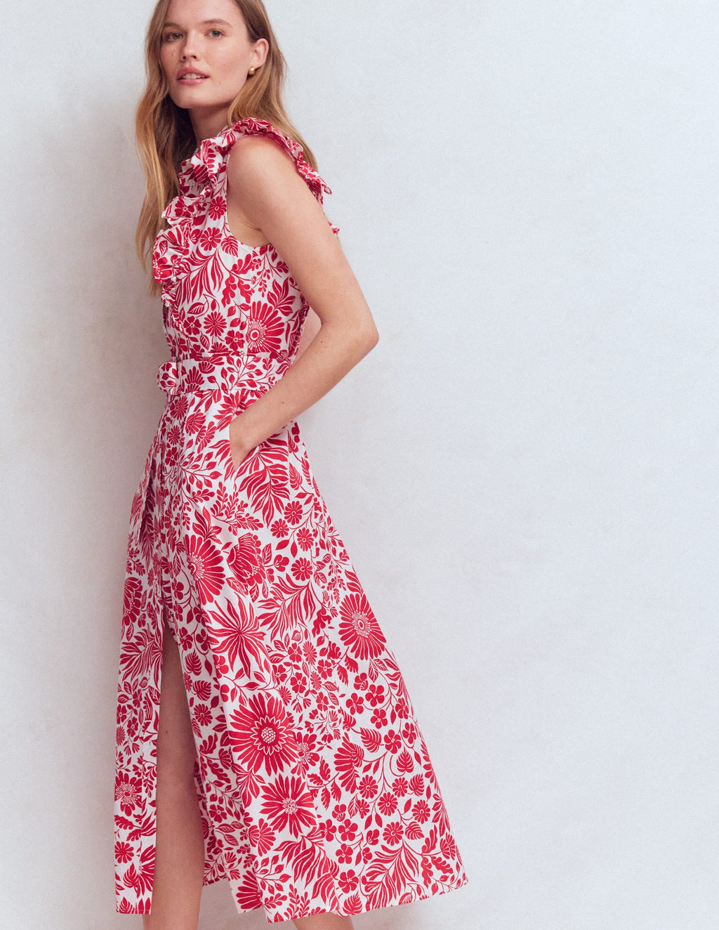 Ruffle Bodice Shirt Dress-Merida Red, Flowerbed Bloom