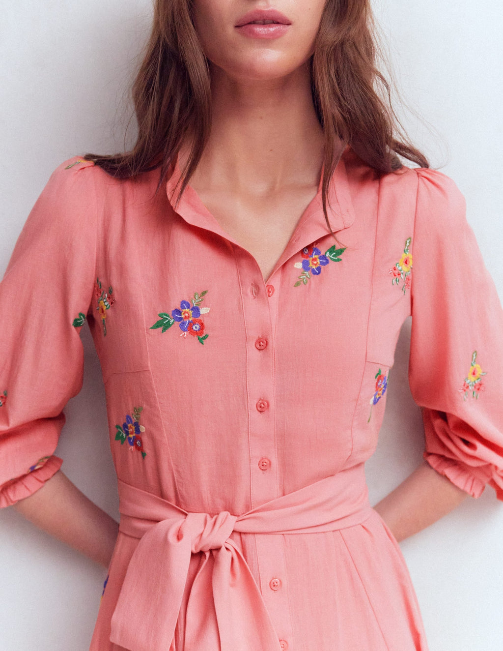 Embroidered Shirt Dress-Pink Embroidery