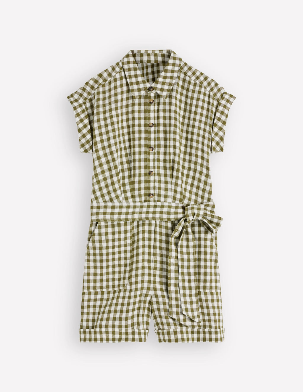 Kay Linen Playsuit-Olive, Ivory Gingham