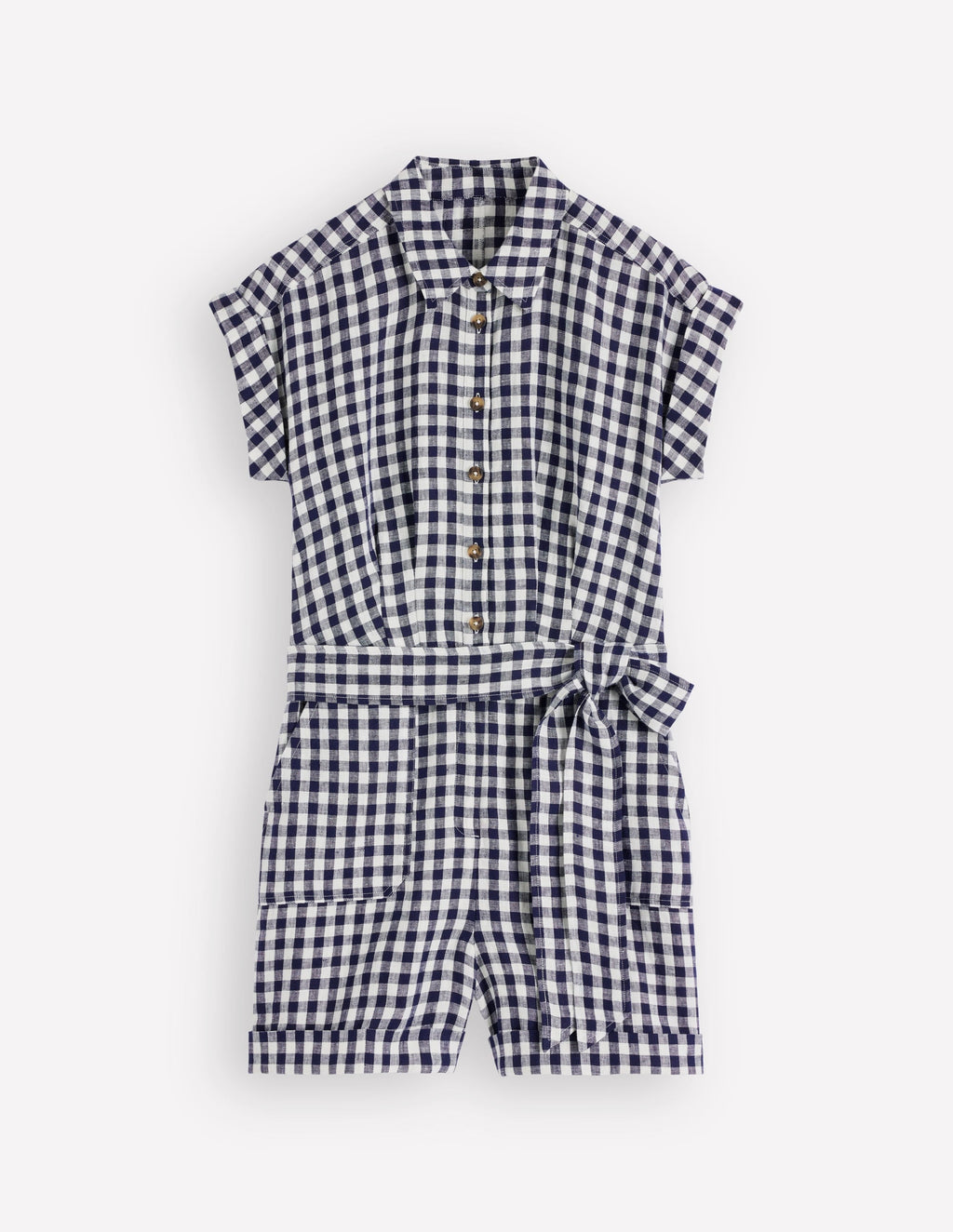 Kay Linen Playsuit-Navy, Ivory Gingham