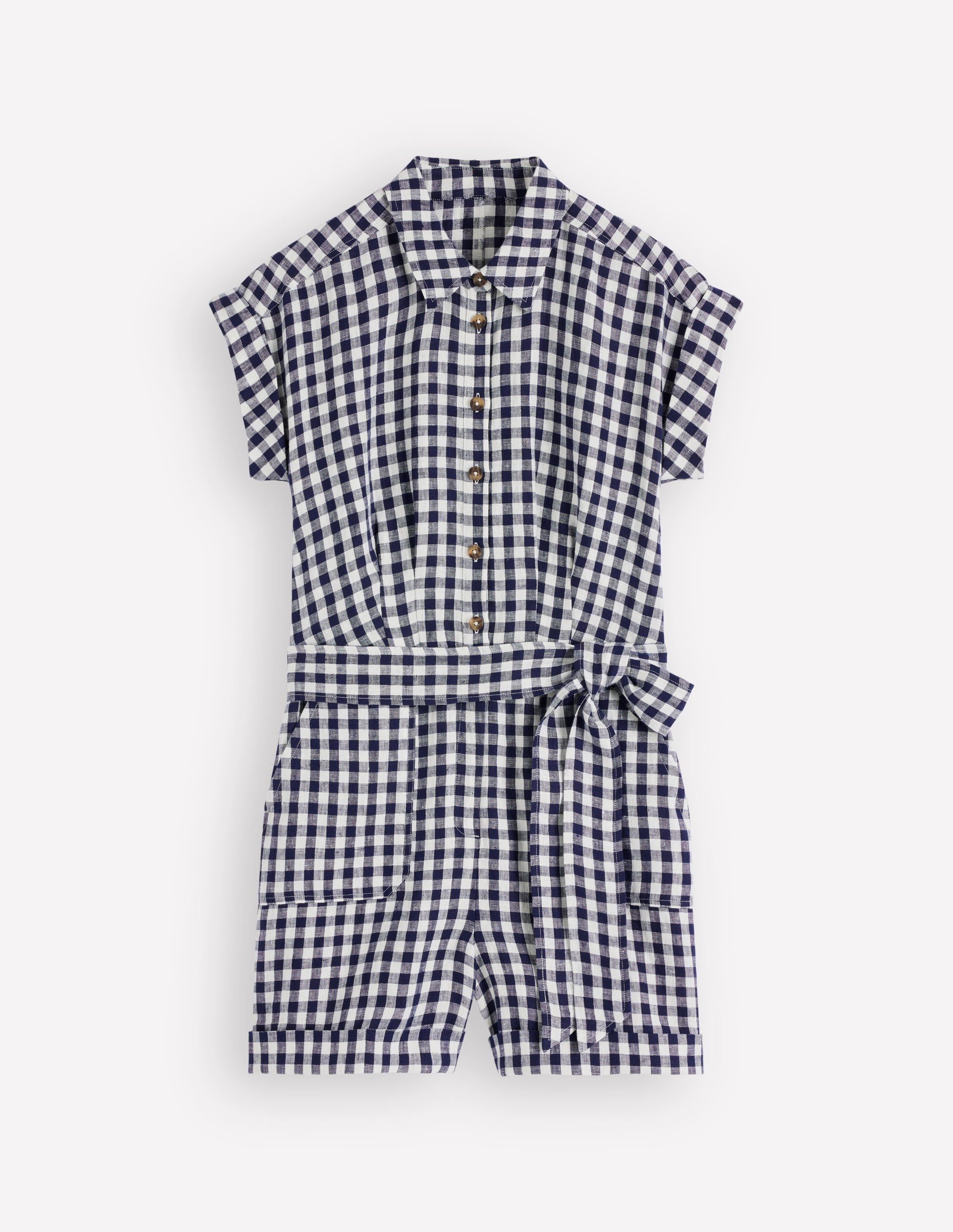 Kay Linen Playsuit-Navy, Ivory Gingham