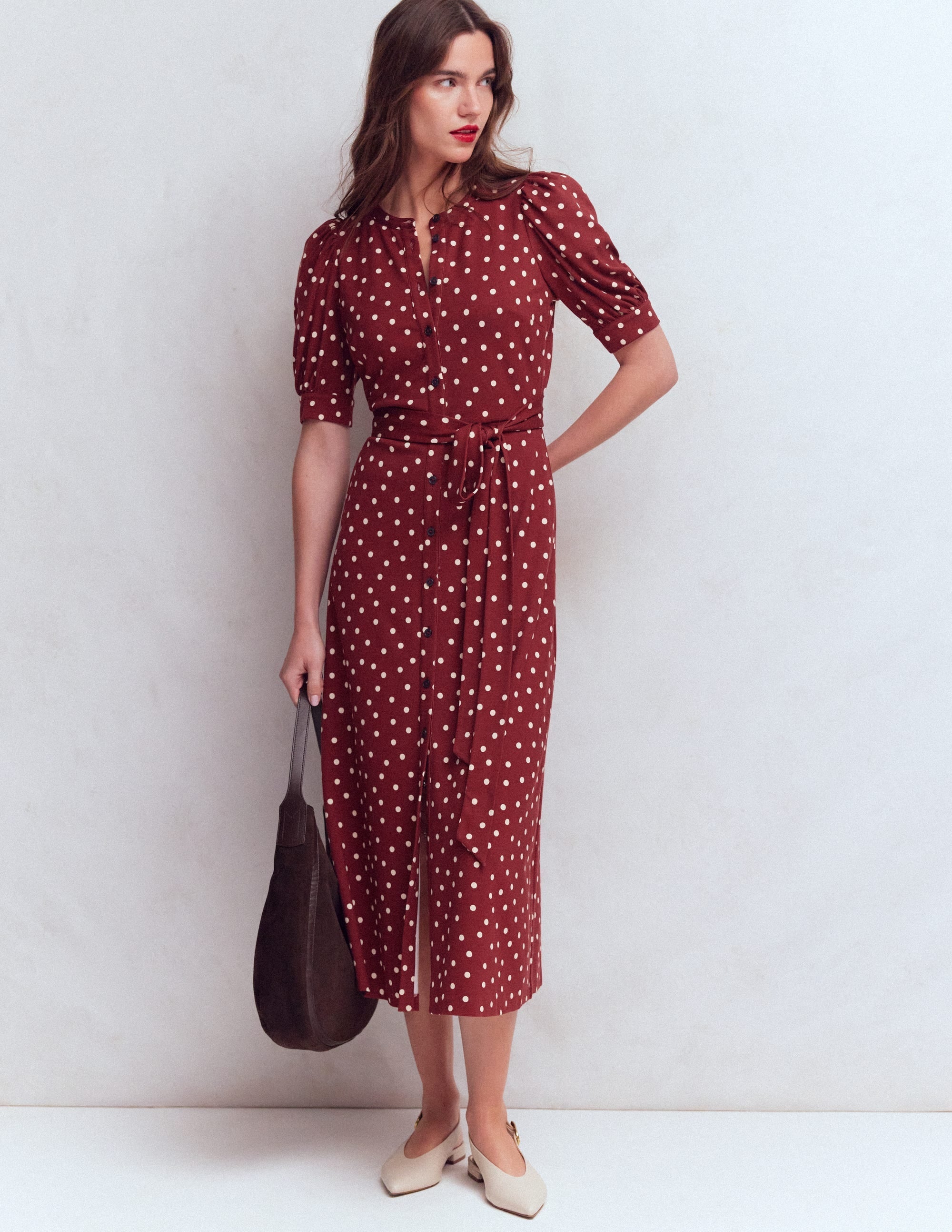 Puff Sleeve Ponte Shirt Dress-Red Pear, Painted Dot