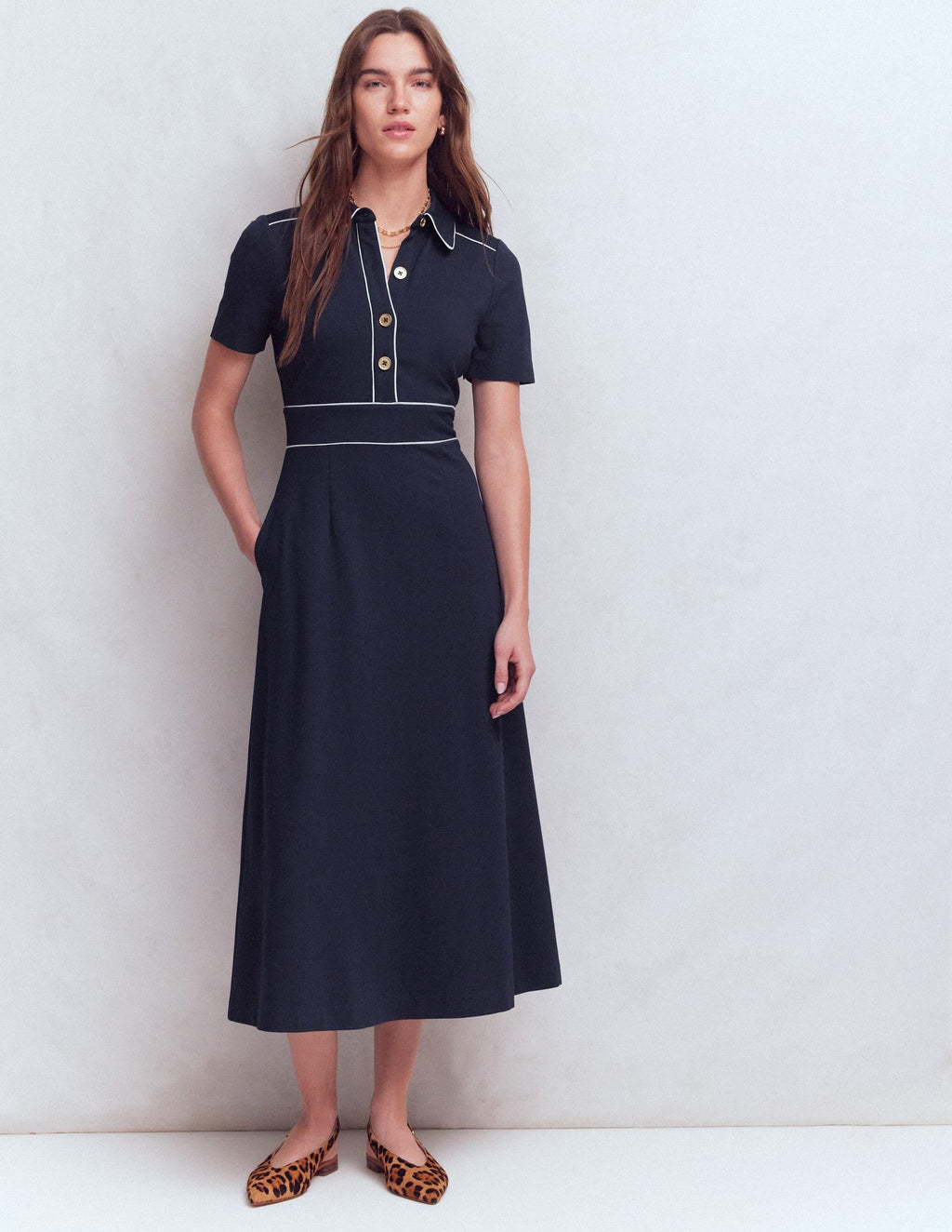 Etta Piping Trim Ponte Dress-Navy