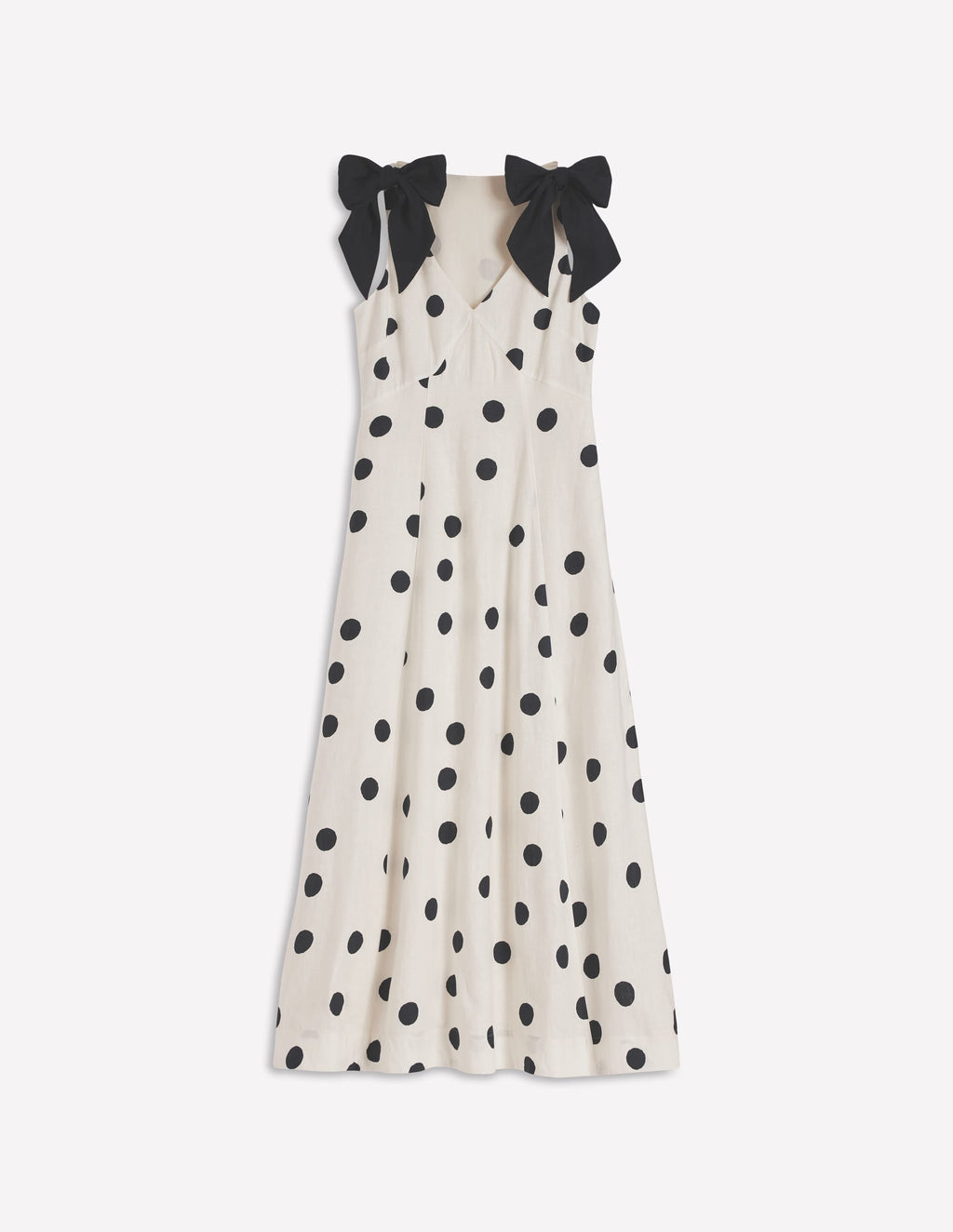 Bow Detail Linen Empire Dress-Ivory Painted Dot Spaced